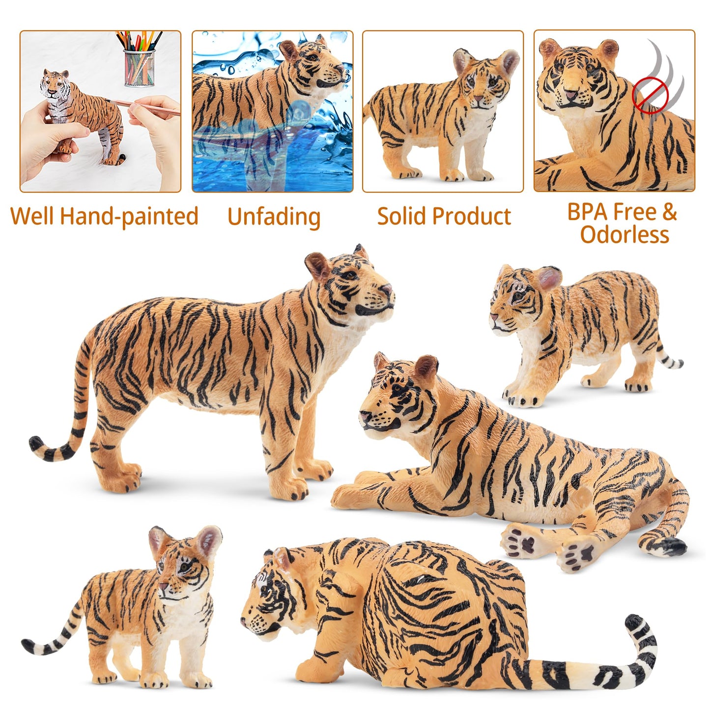 Toymany 6PCS Realistic Tiger Figurines Set, 2-6" Plastic Jungle Animals, Educational Cake Toppers for Kids, Gift for Toddlers
