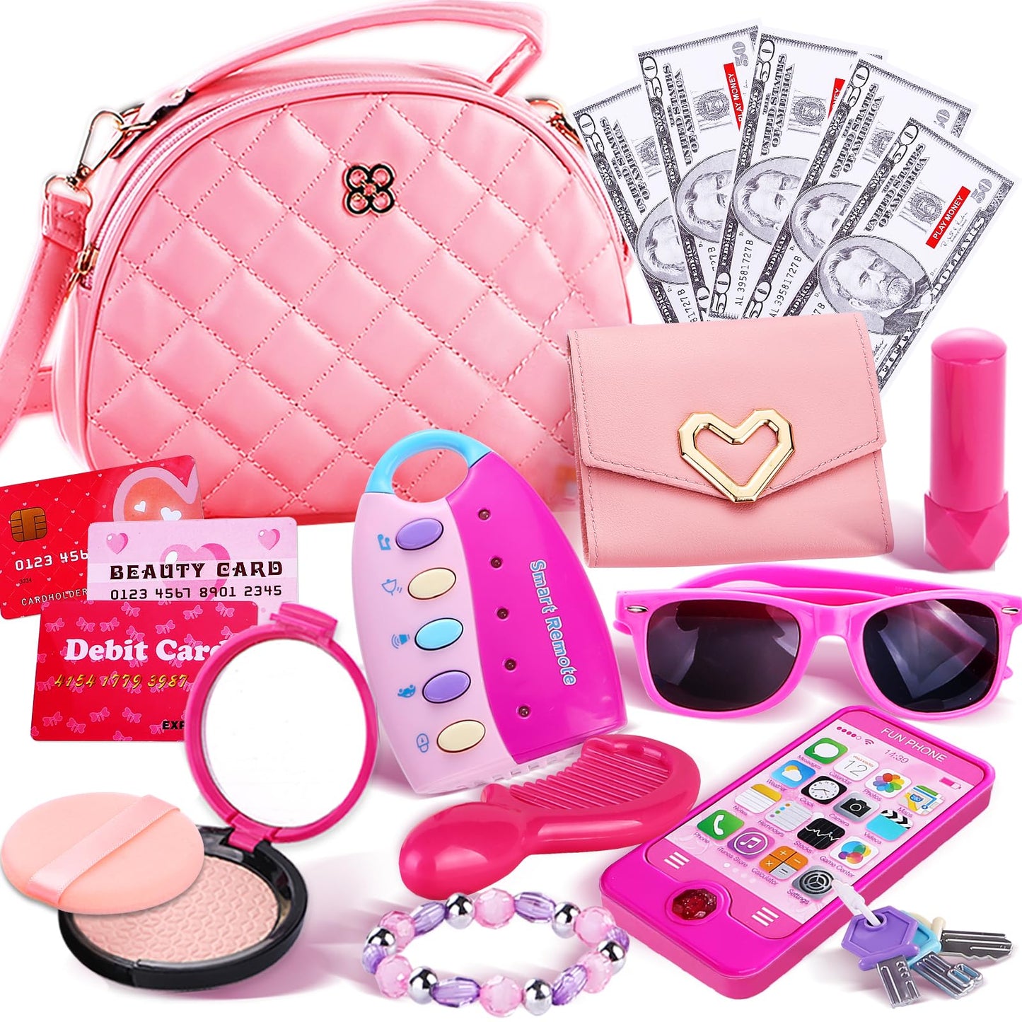 Graceduck Little Girls Purse with Play Makeup Kit, Kids Pretend Play Handbag Wallet Sunglasses Keys Credit Card with Pink Cosmet