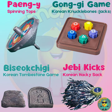 Markhomia Gonggi Korean Traditional Folk Game Play Set - Jebi Chagi, Gong-Gi, Biseokchigi, Paeng-Y, Ddakji, Family Travel Games