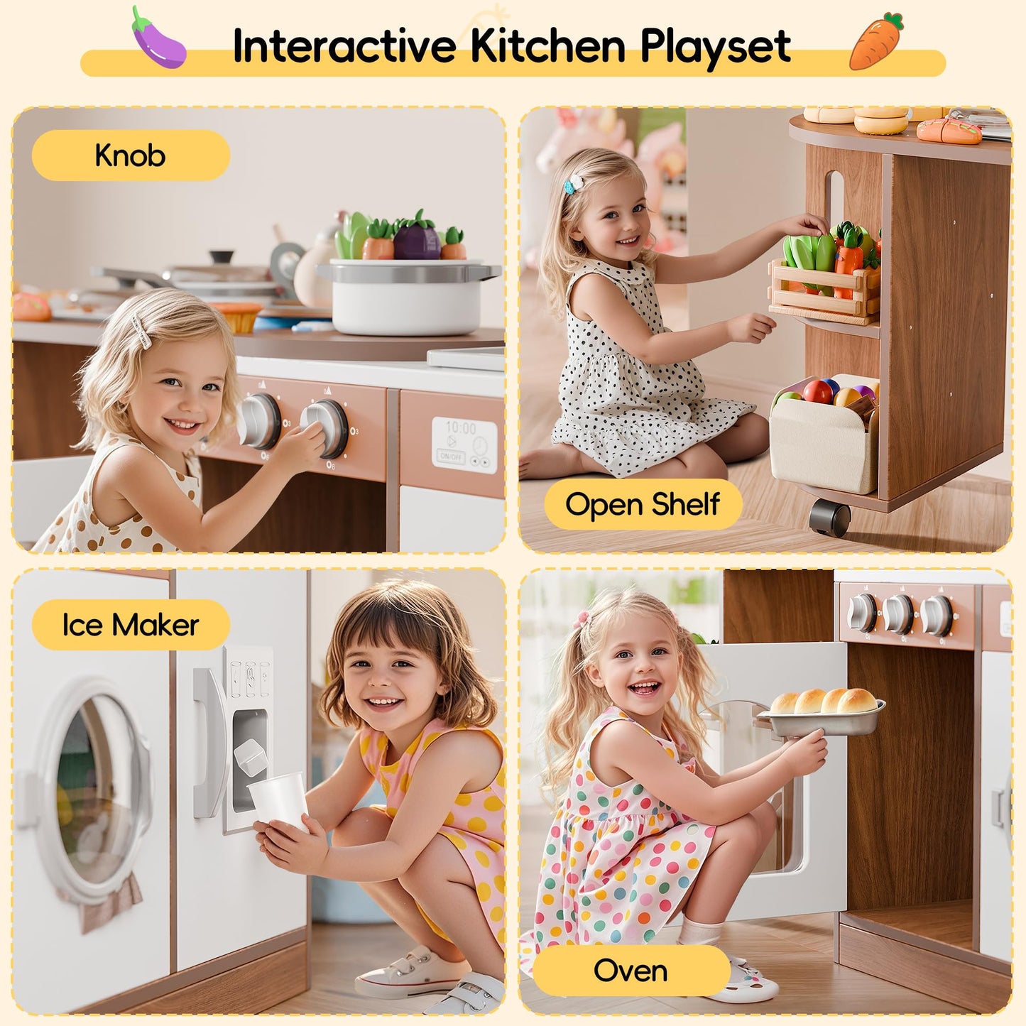 Wooden Corner Play Kitchen With 180 Rotating Design, Kids Kitchen Playset With Interactive Lights & Sounds, Toddler Kitchen Set