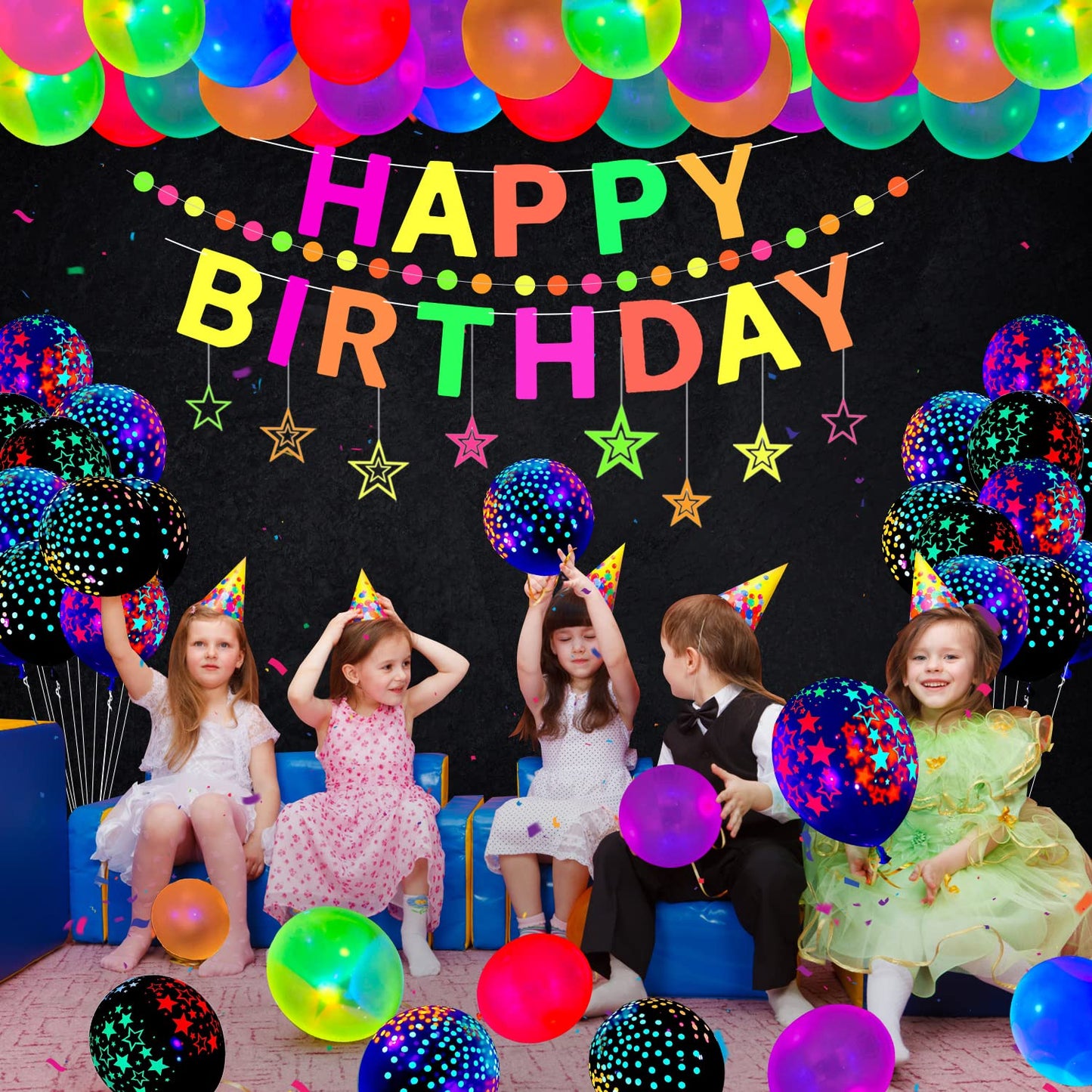 80 Pack Glow Neon Party Supplies Glow Party Decorations Black Light Reactive Decor Set - Fluorescent Banner, Blacklight Garland,