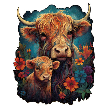 Woodbests Wooden Puzzle For Adults, Highland Cattle Family Puzzle (L, 280Pcs, 10.7'X13.3') Beautiful Wooden Box, Wooden Jigsaw Puzzles Unique Shape, Birthday Gifts For Adults And Kids Family Game
