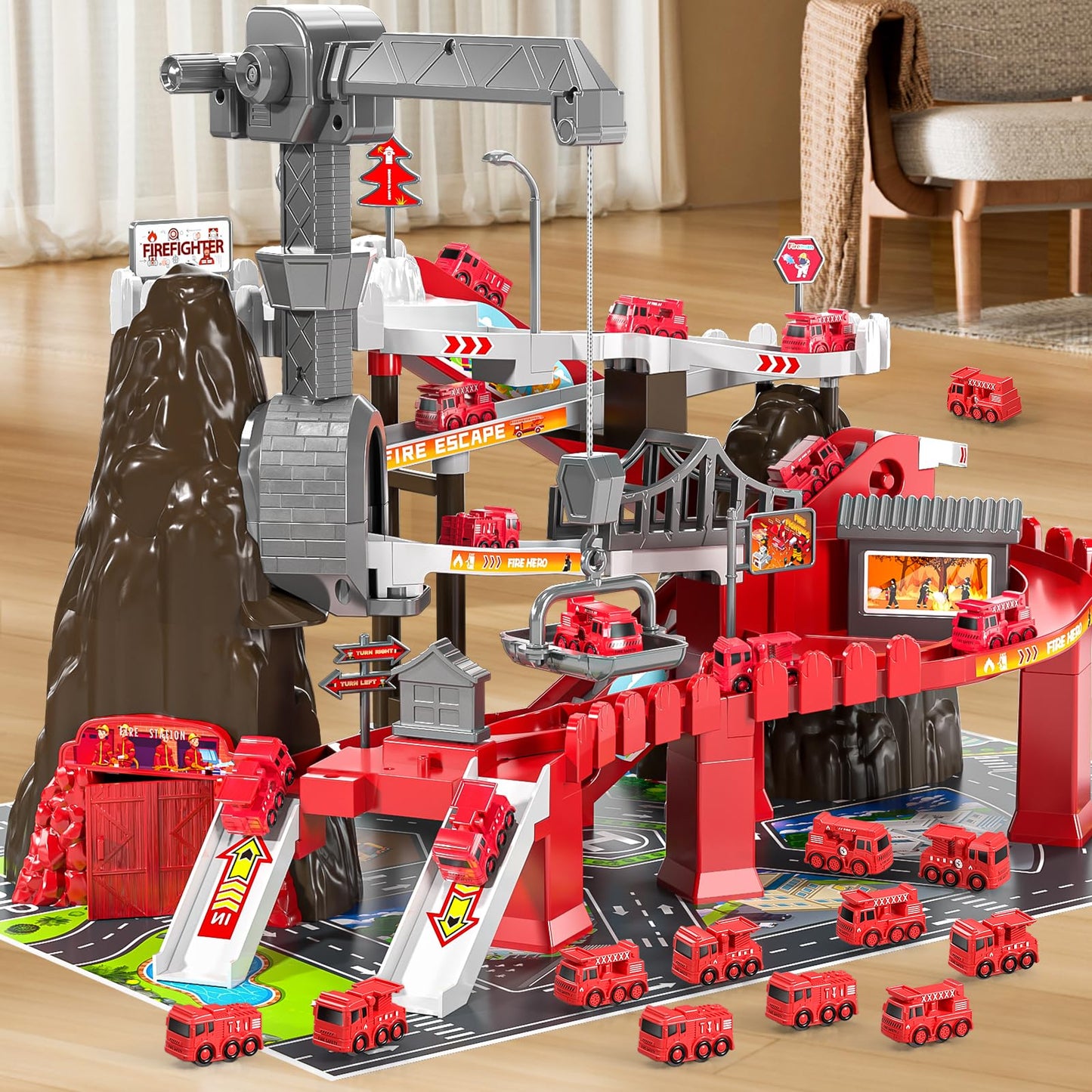JUKUDAHU Boys Fire Car Race Tracks Playset for 3-8 Years Old - Rolling Hill Car Ramp Toy for 3-7 Year Old Kids, Toddler Racing T