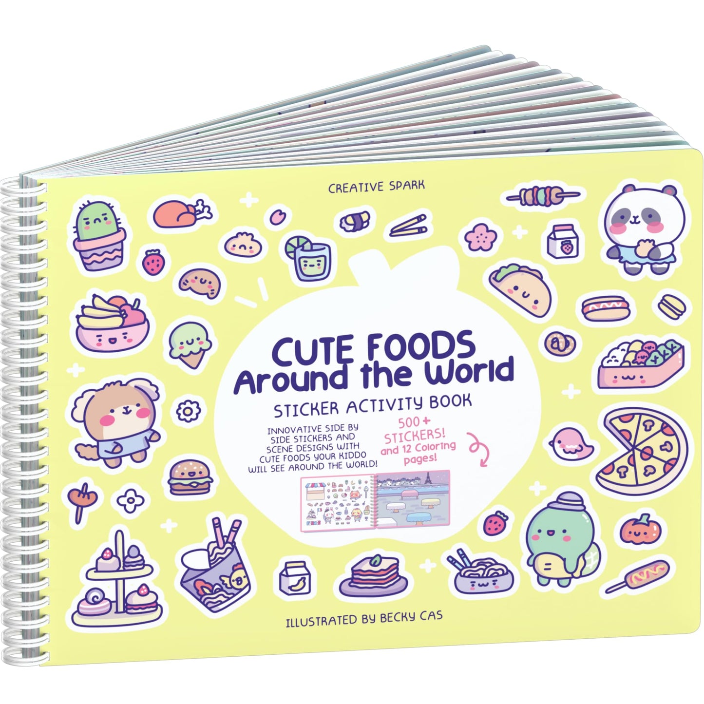 Cute Foods Around The World Sticker + Coloring Book (500+ Food Stickers For Kids & 12 Coloring Pages)- Side By Side Sticker Acti