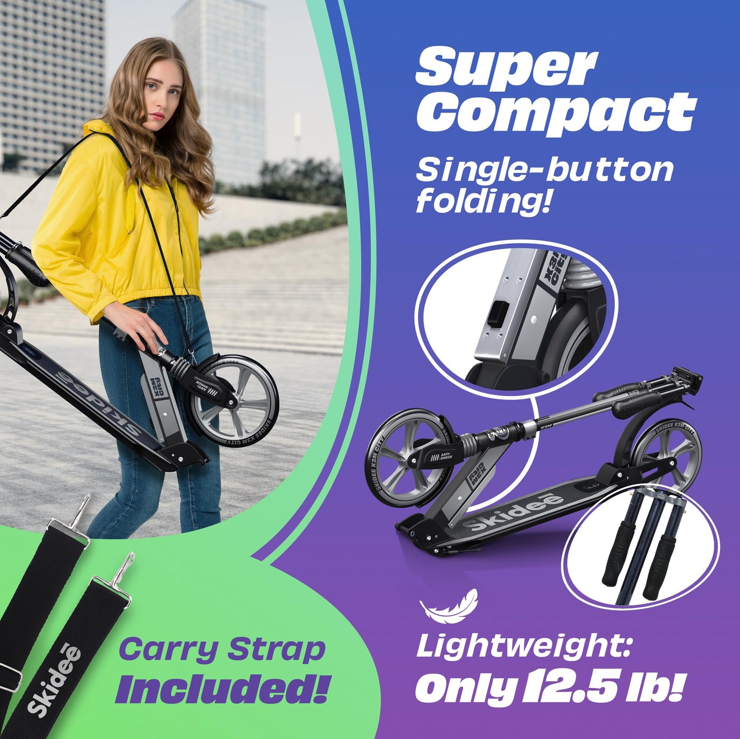 Skidee Kick Scooters for Kids 8-12 - Adjustable Height Up to 41, Foldable, 8 Shock-Absorbing Wheels, 220LBS Capacity - Ultra Smo