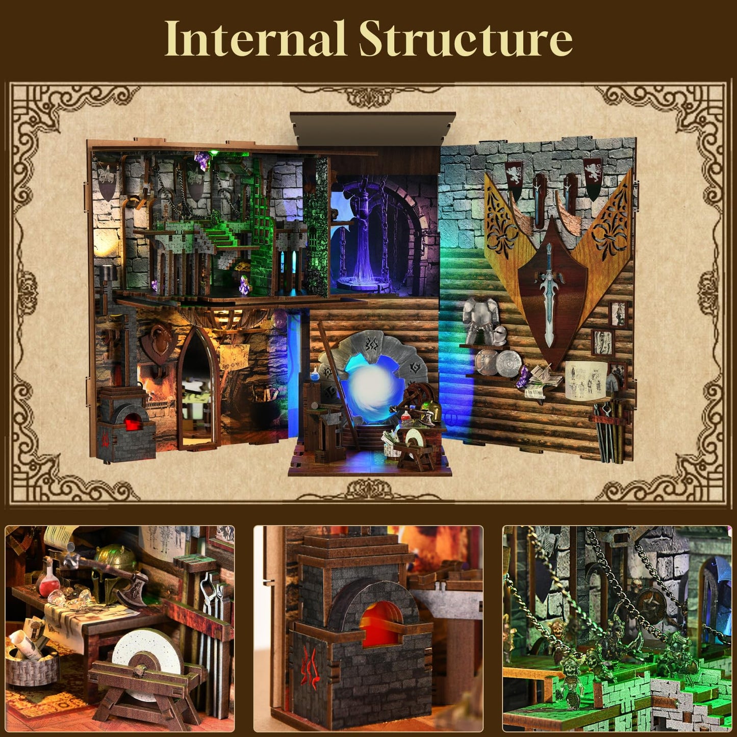 CCCDF DIY Book Nook Kit DIY Miniature Dollhouse Booknook Kit 3D Wooden Puzzle Bookend Bookshelf Insert Decor with LED Light for Teens and mature-themeds (cutting edge and Magic)