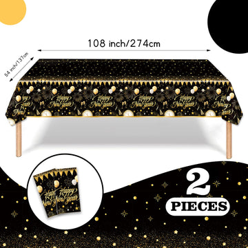 2PCS New Year Tablecloth, Disposable Black Gold NYE Party Tablecloth Decorations, Rectangular Plastic Happy New Year Table Cover