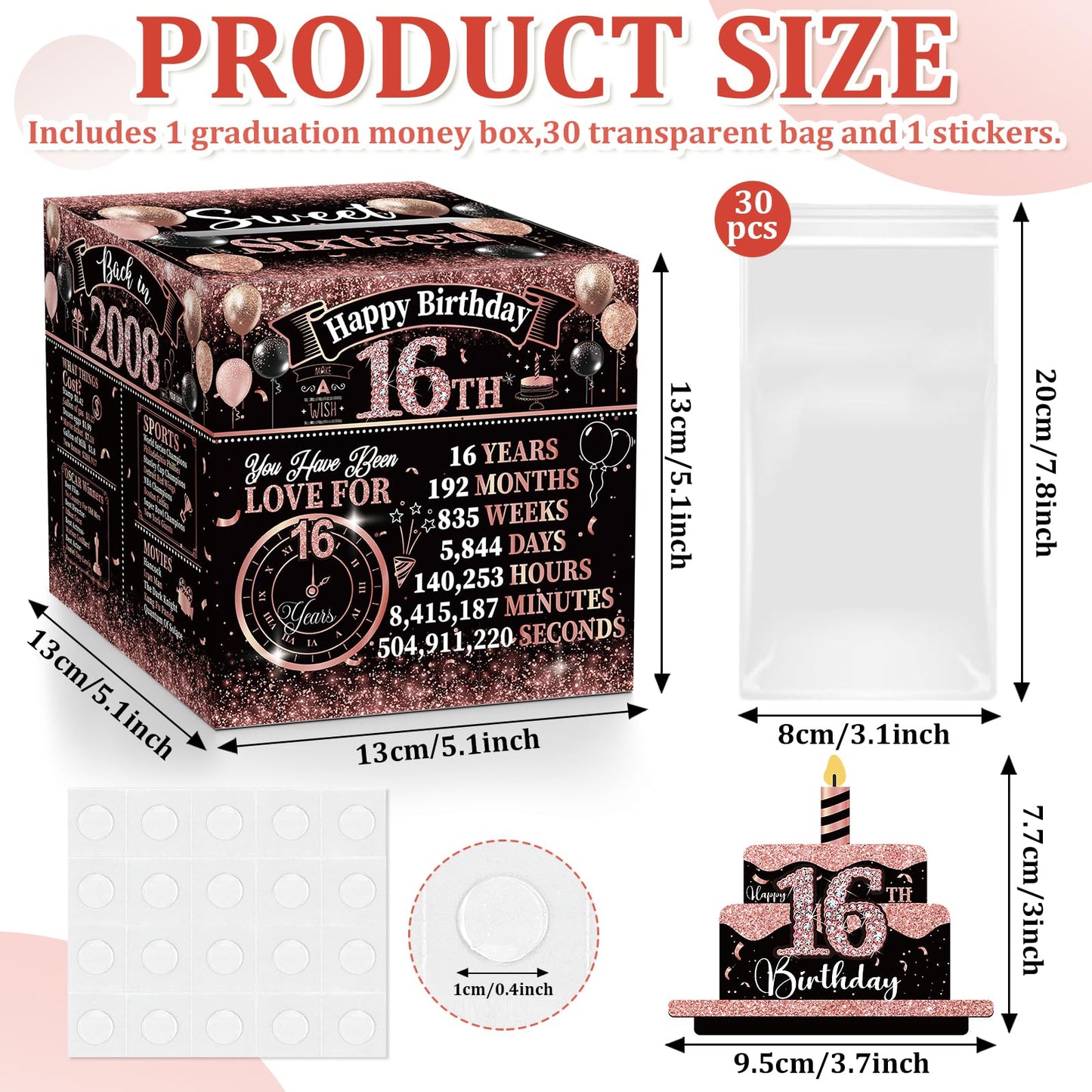 Sereliy Sweet 16th Birthday Decorations for Girls Money Gift Box for Cash Gift Pull, Black Pink Money Gift Boxes Sweet Sixteen P