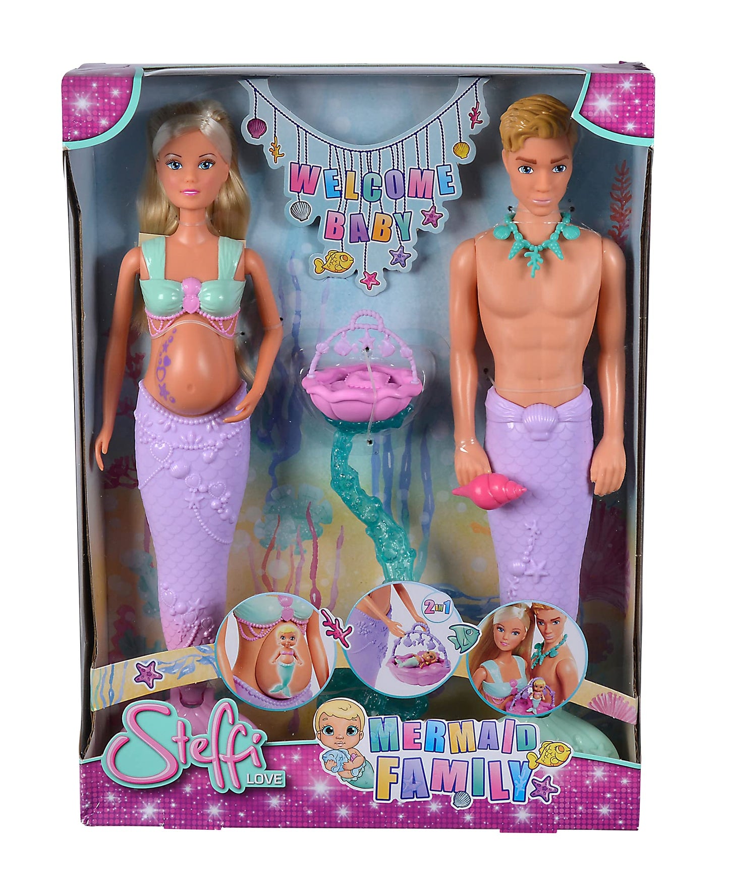 Simba 105733524 Steffi Love Mermaid Family, Doll as Pregnant Mermaid with Kevin as a Merman, with Baby Bed, 29 cm Dress-up Dolls