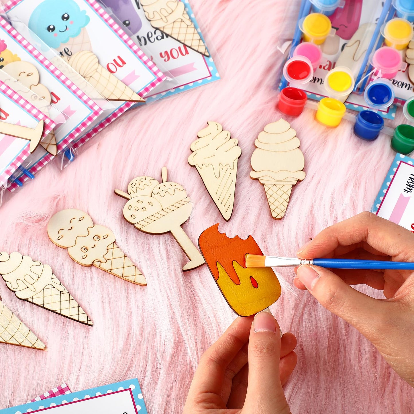 Leinuosen 28 Sets Ice Cream Party Favors Wood Painting Craft Kits with Art Supplies and Inspirational Cards Thank You for Coming