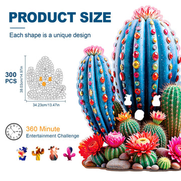 Wooden Jigsaw Puzzles for mature-themeds and Kids Cactus Gemstones 300 Piece Unique Shaped Puzzle Family Game and Creative Wooden Puzzle Gift Wall Art Decor