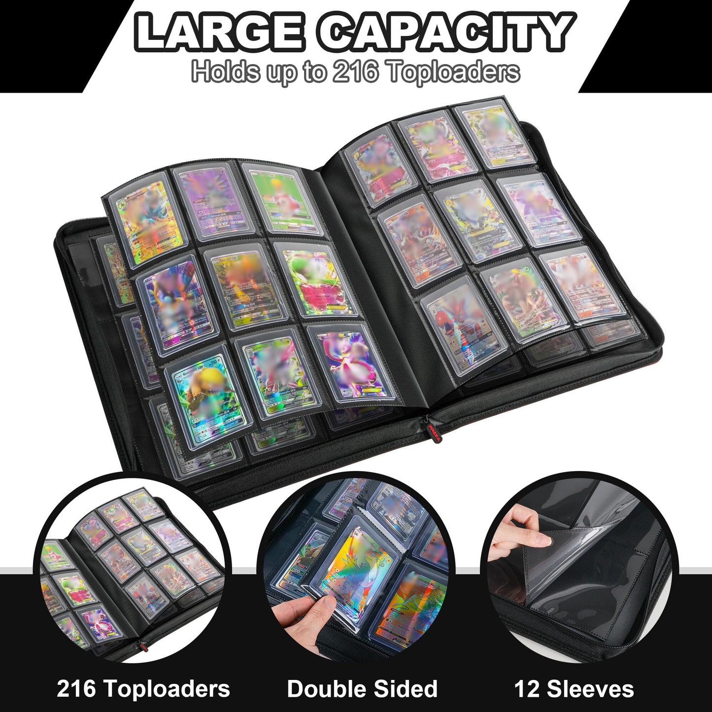 Preza Toploader Binder - Holds 216 Top Loaders - 9 Pocket Trading Card Storage With Double Sided Sleeves For Tgc And Sports 3 ''