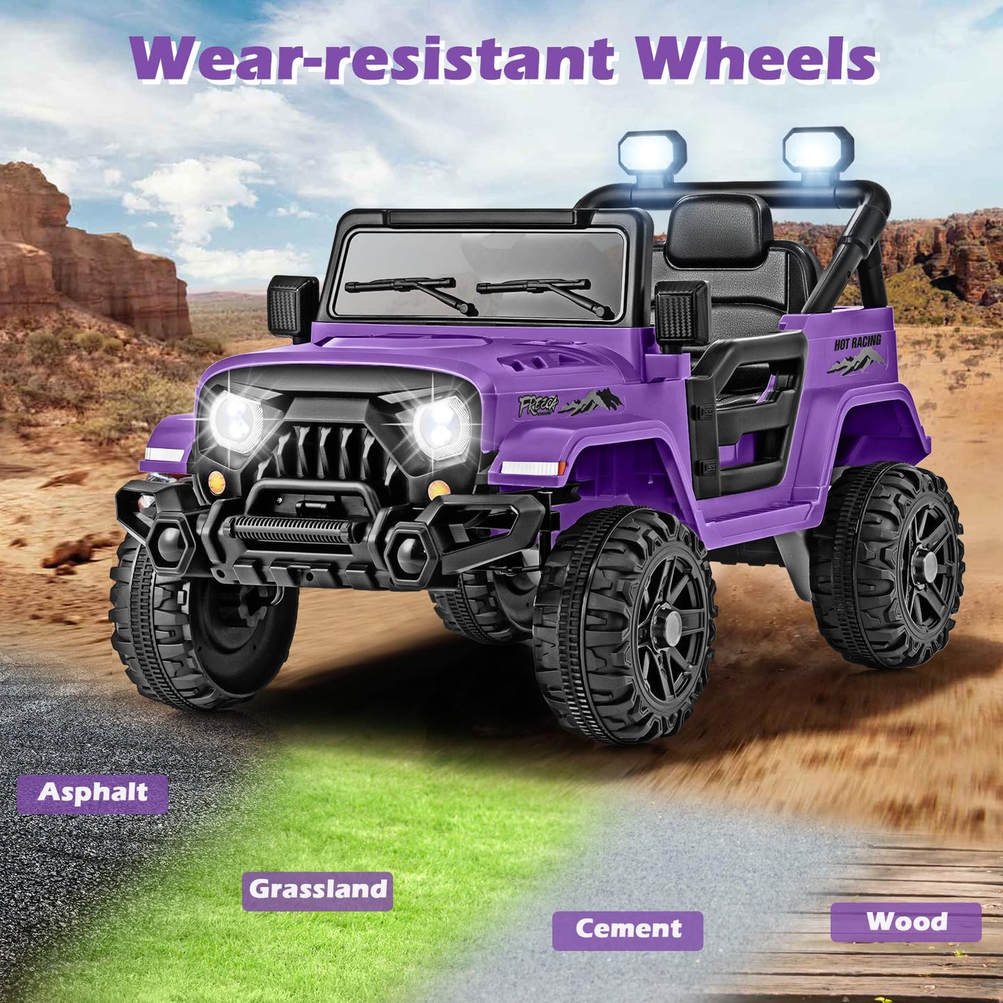 Olakids Ride On Truck, 12V Battery Powered Electric Vehicle For Kids With Remote Control, Bluetooth, Power Display, Led Lights, Music Player, Ride On Toy For 3+ Boys Girls (Purple)