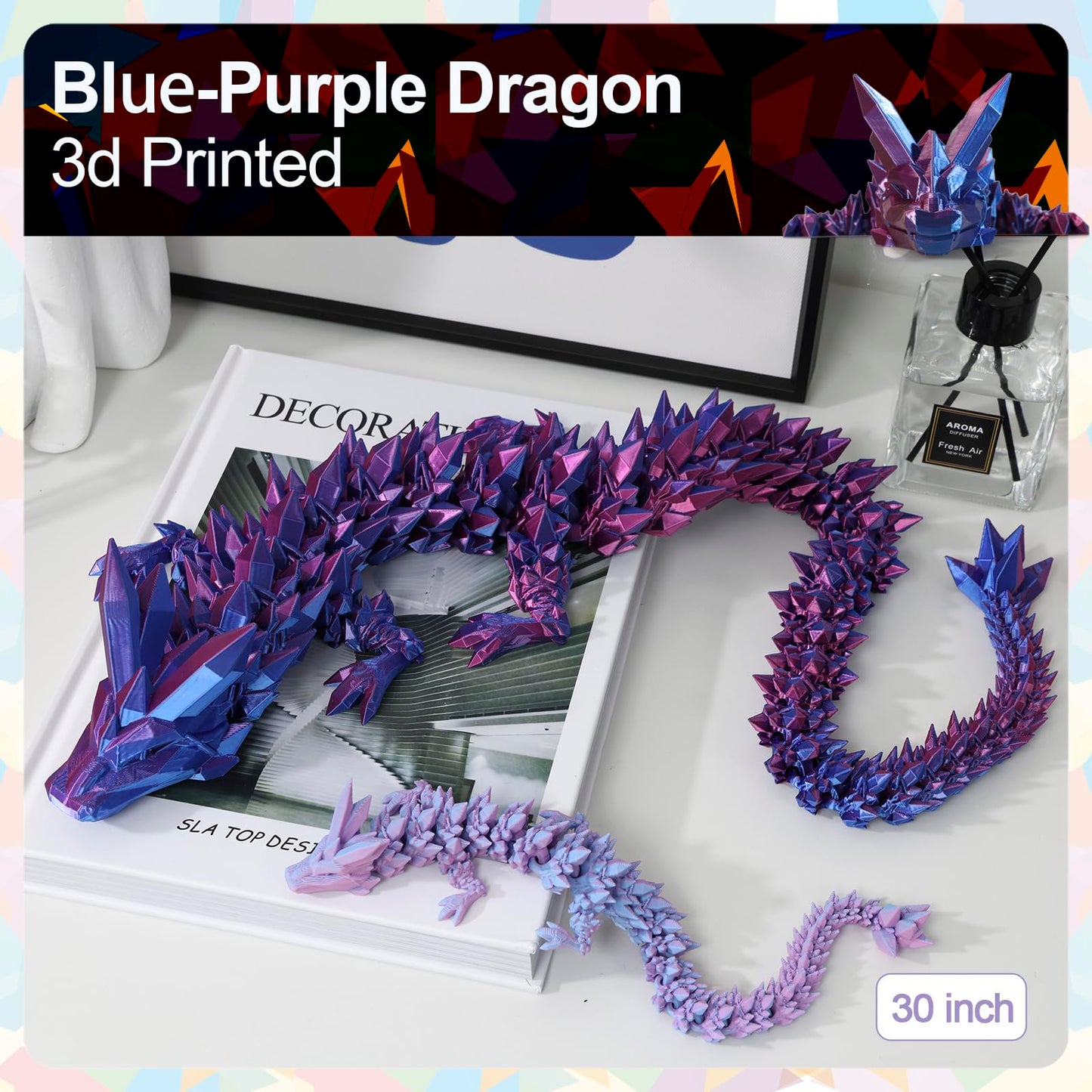 Meet Gladness 30 In 3D Printed Dragon, 30Inch Dragon,3D Dragon Toy,Large Dragon Present,Ariculated Crystal Dragon (Blue Purple,