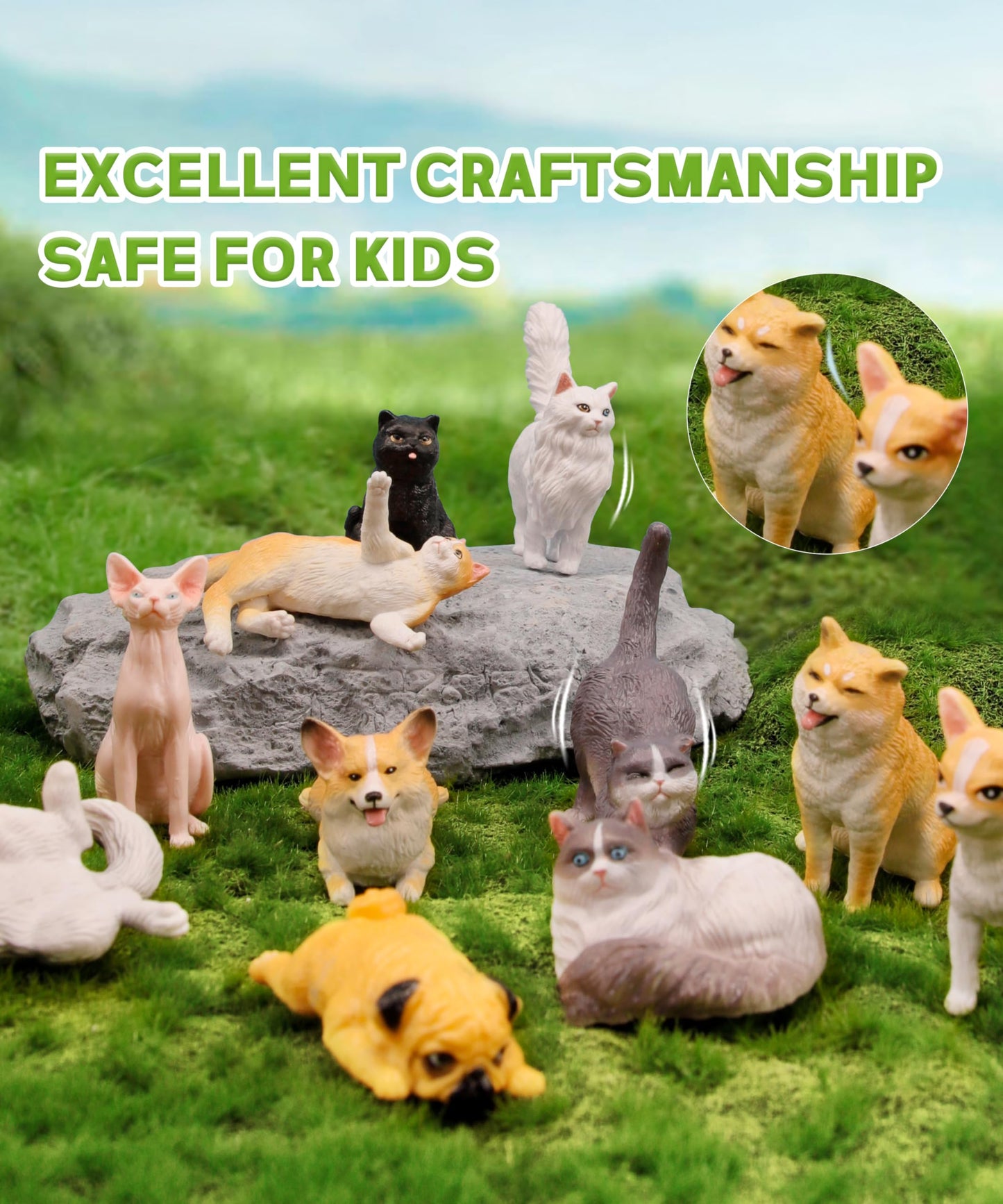 Recur Cats And Dogs Animal Figurines Desk Pets Miniature Figure Cake Topper, 100% Hand-Painted, Mini Pets Figure For Kids - 12 Pcs