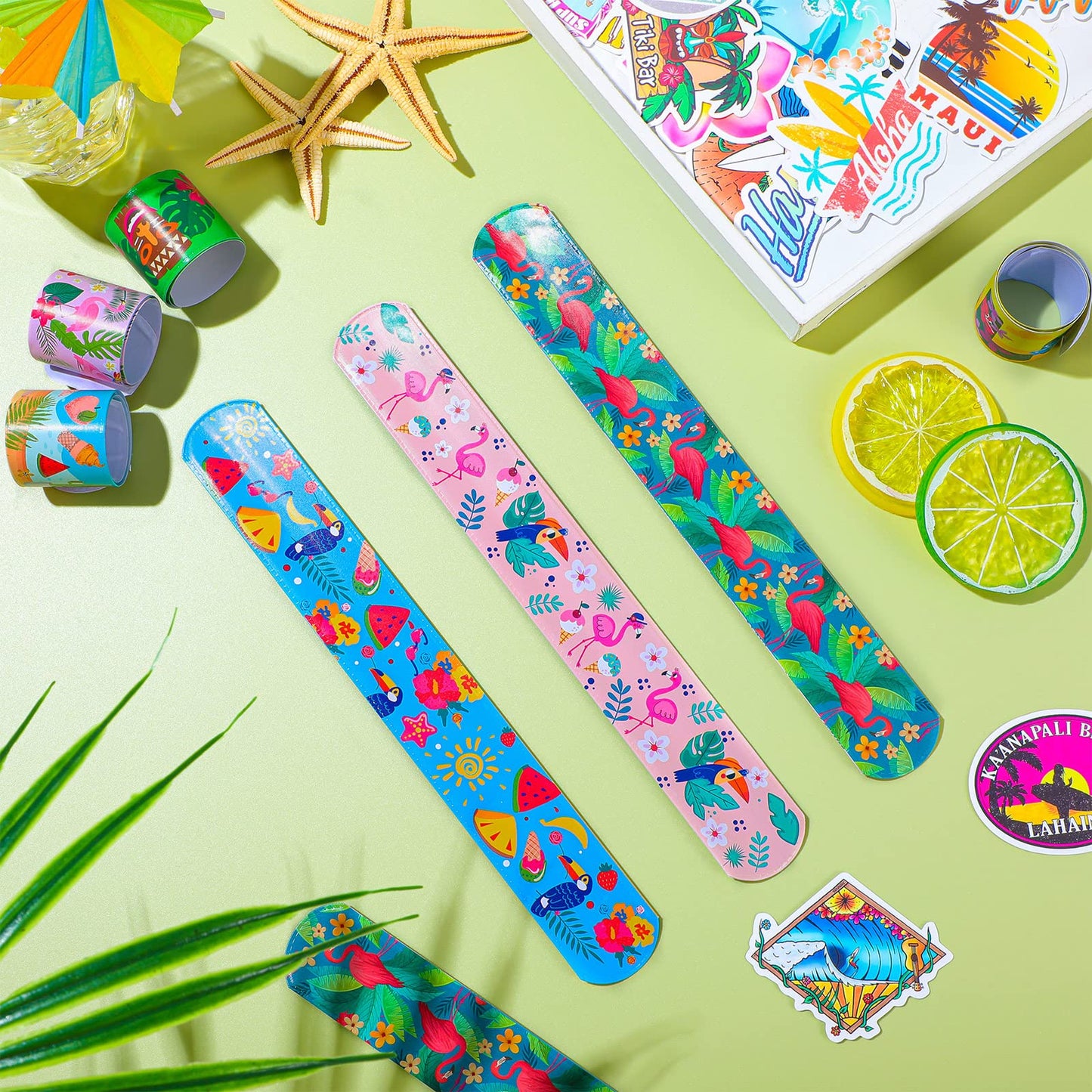 40 Pieces Hawaiian Theme Slap Bracelets with 50 Pieces Hawaii Stickers Summer Hawaii Snap Bracelet for Adult Luau Tropical Gifts