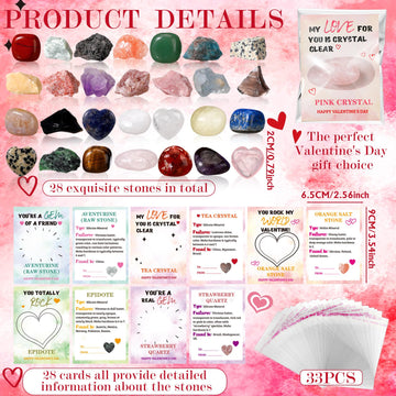 JellyArch 28 Pack Valentines Day Gifts Class Valentines Cards with Heart Crystals Gemstones Bulk Exchange Gift for Party Favors(