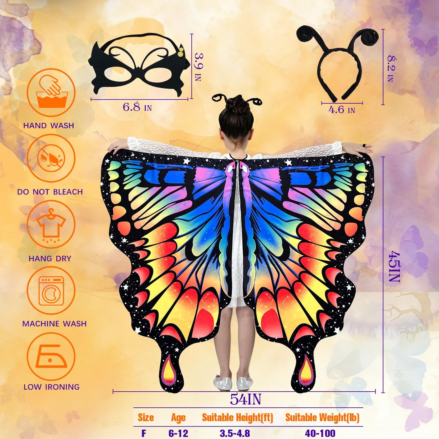 Whiteuniqoon Butterfly Costume Halloween Costumes For Girls Kids, Butterfly Wings Costume Cape Shawl For Girls Fairy Wing (011)