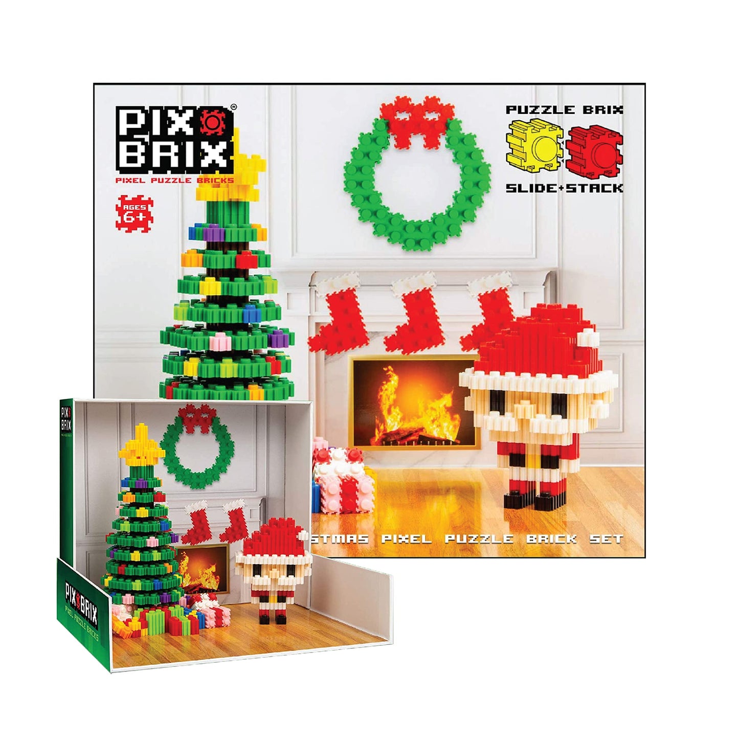 Pix Brix Pixel Art Puzzle Bricks Christmas Scene Puzzle with Display Box Patented Colorful Building Bricks, Create 2D and 3D Bui