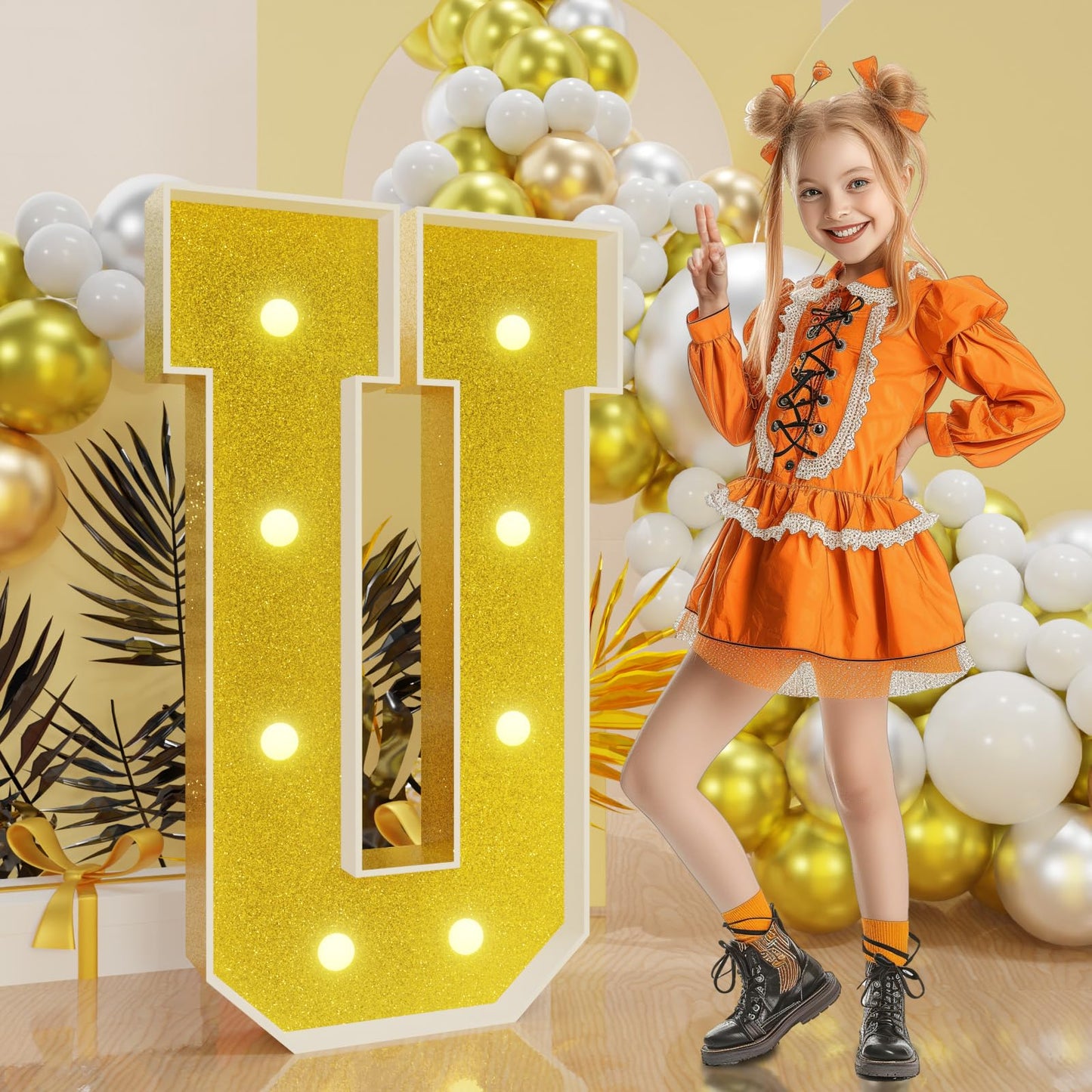 Imprsv Marquee Letters Gold 3Ft: Golden Party Decor - Light Up Letter U Large 3 Feet Tall - Party Decorations Letter For Love U