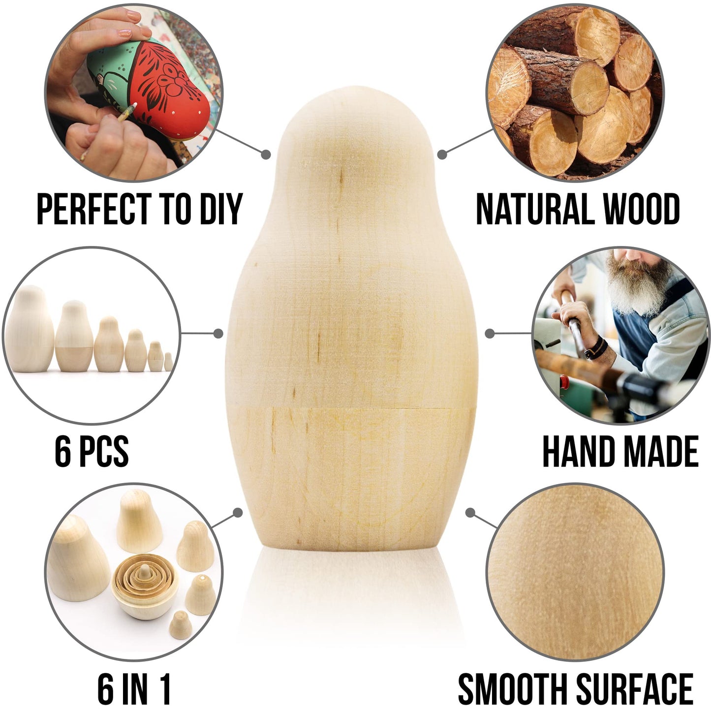 Aevvv Lot Of Blank Nesting Dolls 6 Pcs - Blank Unpainted Russian Nesting Dolls - Wooden Dolls Unfinished - Wooden Russian Matryoshka