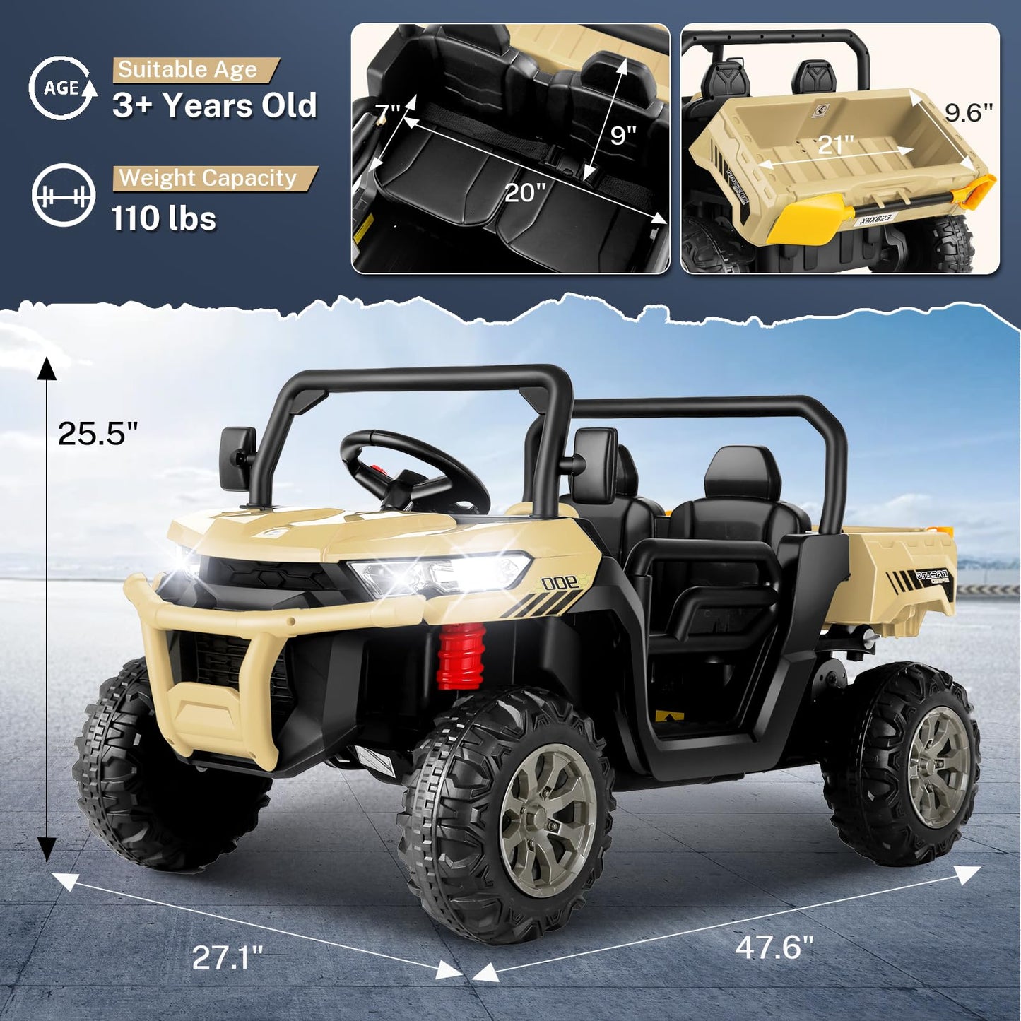 Hikole 24V Ride on Dump Truck with Electric Dump Bed, 2 Seater Kids UTV Electric Car w/2.4G Remote Control, Music, 3 Speed, LED