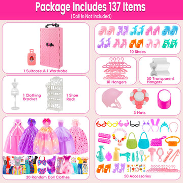 137 Pcs Doll Clothes And Accessories With Closet For 11.5 Inch Doll,Included Princess Dresses,Fashion Dresses,Casual Clothing,Sw