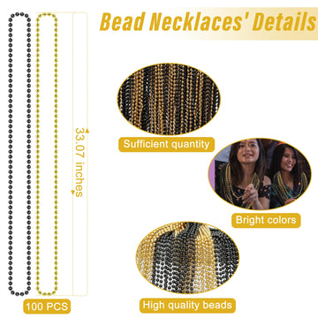 100Pcs Bead Necklace, Gold Black New Year Bead Party Favors, New Year Eve 33'' Toy Necklaces Costume Accessories, Parade Throw A