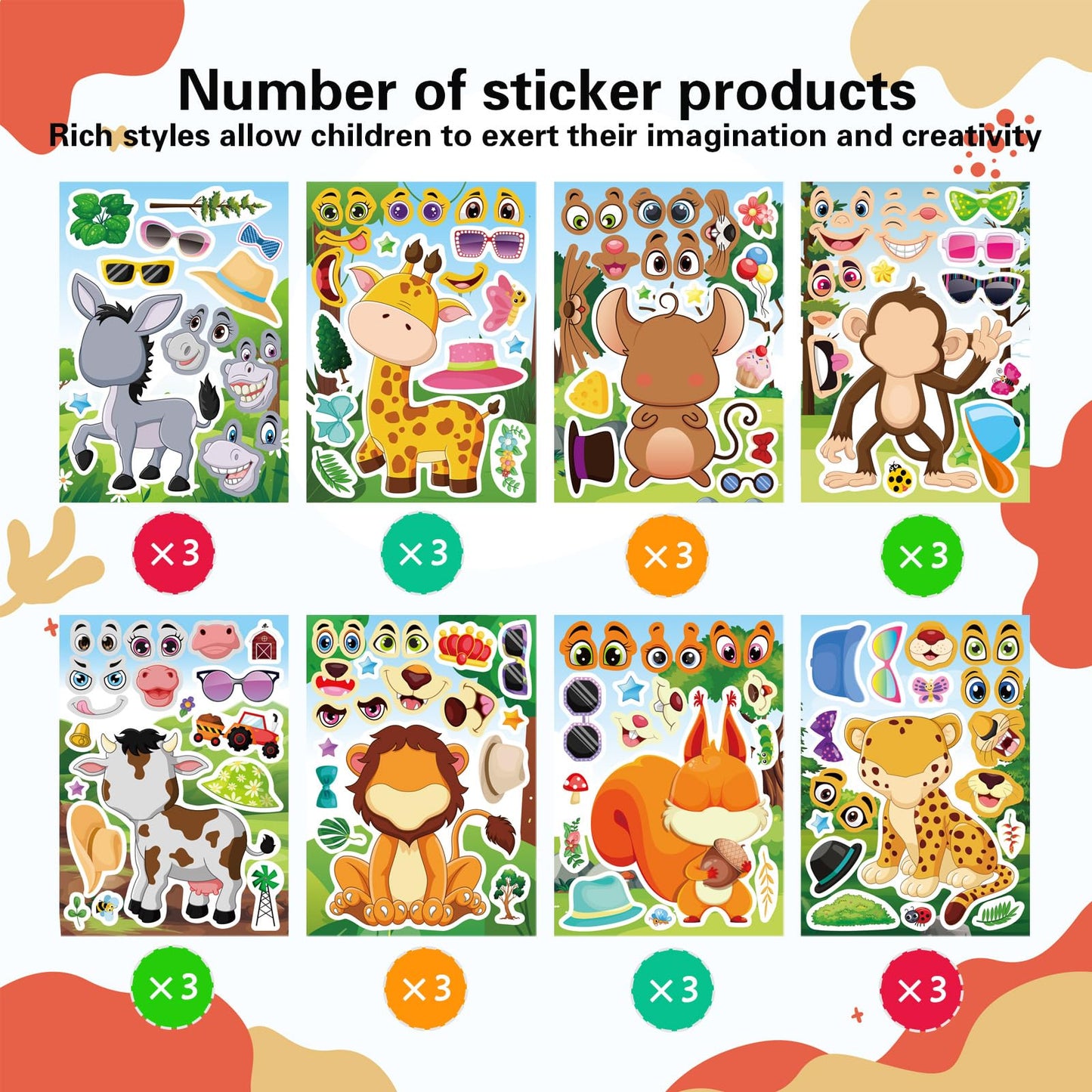 24 Sheets Animal Stickers For Kids Toddler, Jungle Animal Stickers Make-A-Face Sticker Sheets Make Your Own Animal Mix And Match