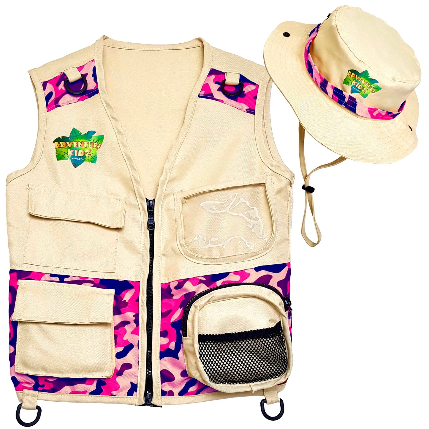 Safari Kidz Outdoor Explorer Kit - Pink Camouflage Cargo Vest And Hat Set, Backyard Nature Adventures, Washable Costume