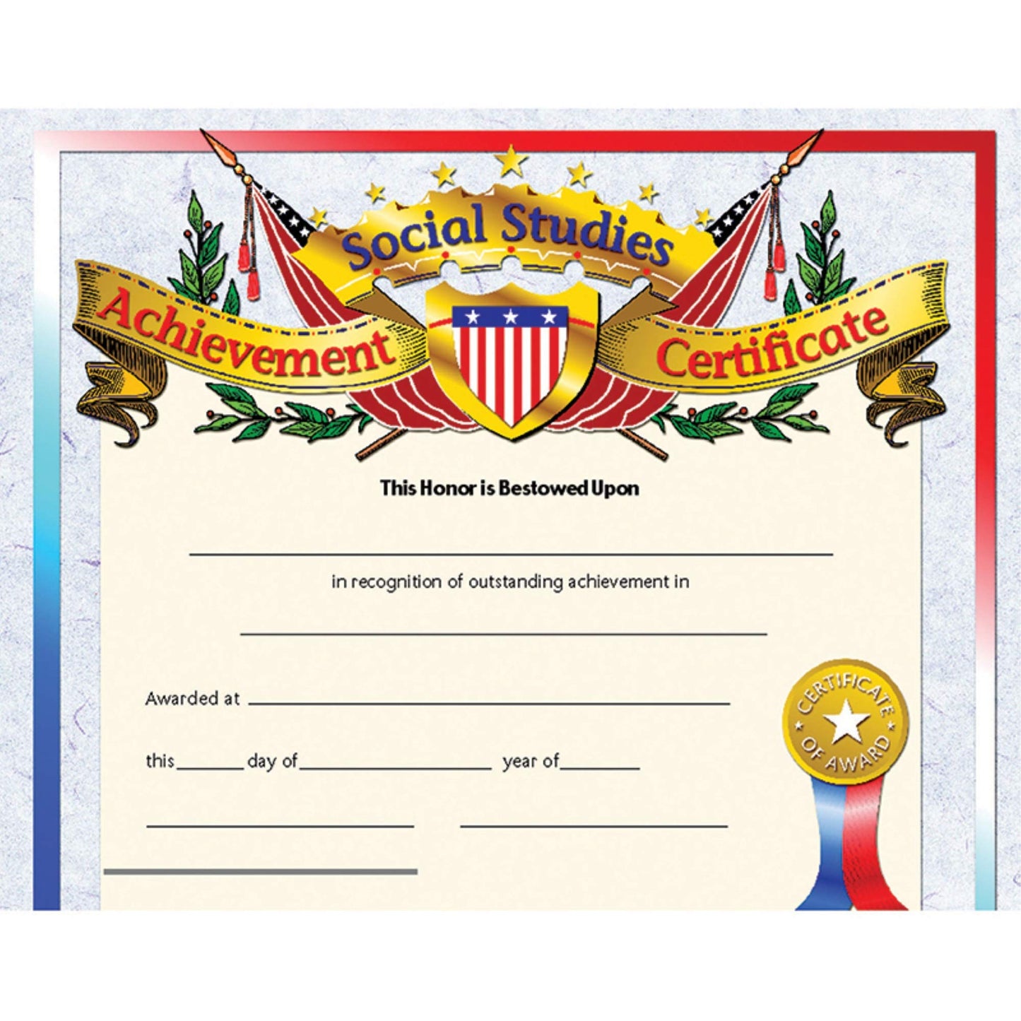 Hayes School Publishing Social Studies Achievement Certificate, 8.5'' X 11'', Pack Of 30 Multi H-Va675