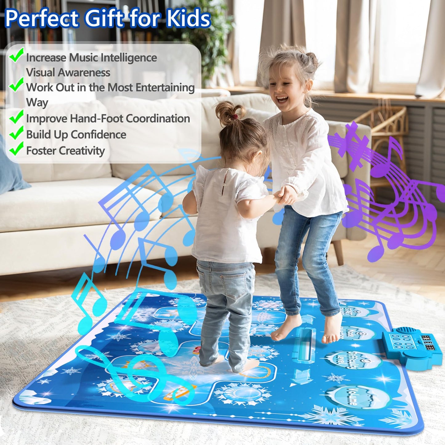 Joyvalley Kids Dance Mat Toys - 2-Player Dance Pad Gifts For Girls Boys Toddlers 3 4 5 6 7 8 9 + Year Old Electronic Dancing Mat Floor Games Toy With Music Light Christmas Birthday Gift (Frozen Blue)