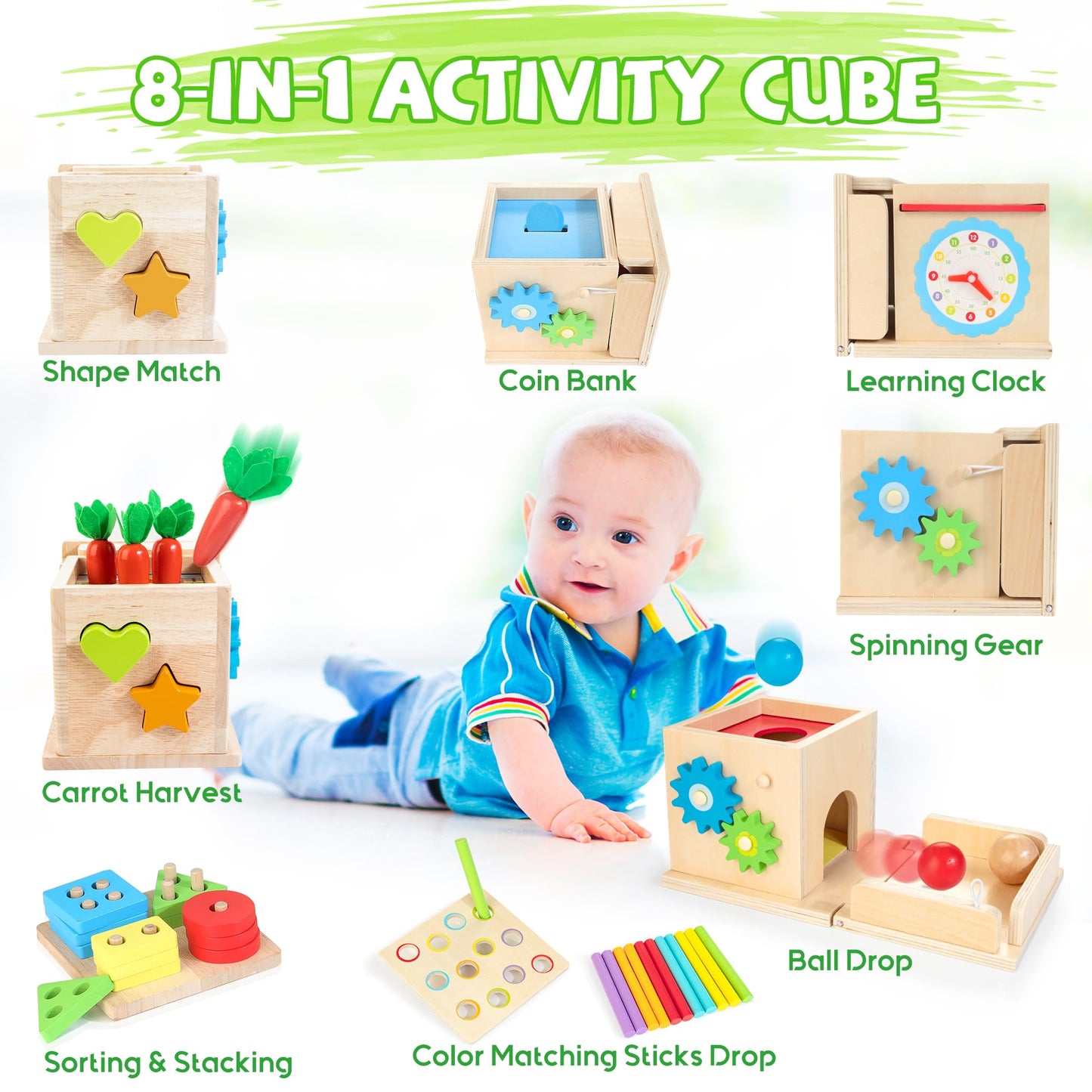 Justwood Montessori Toys For 1+ Year Old, 8-In-1 Wooden Play Kit Includes Object Permanent Box, Learning Activity Cube, Sorting & Stacking Toy, Carrot Harvest Game, Gift For Boys Girls Age 12+ Months