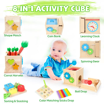 Justwood Montessori Toys For 1+ Year Old, 8-In-1 Wooden Play Kit Includes Object Permanent Box, Learning Activity Cube, Sorting & Stacking Toy, Carrot Harvest Game, Gift For Boys Girls Age 12+ Months