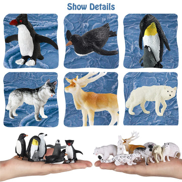 Rcomg Arctic Animals Figures, 14Pcs Mini Polar Animal Figurines, Plastic Arctic Animal Toys Set With Arctic Fox Wolf Reindeer Pe