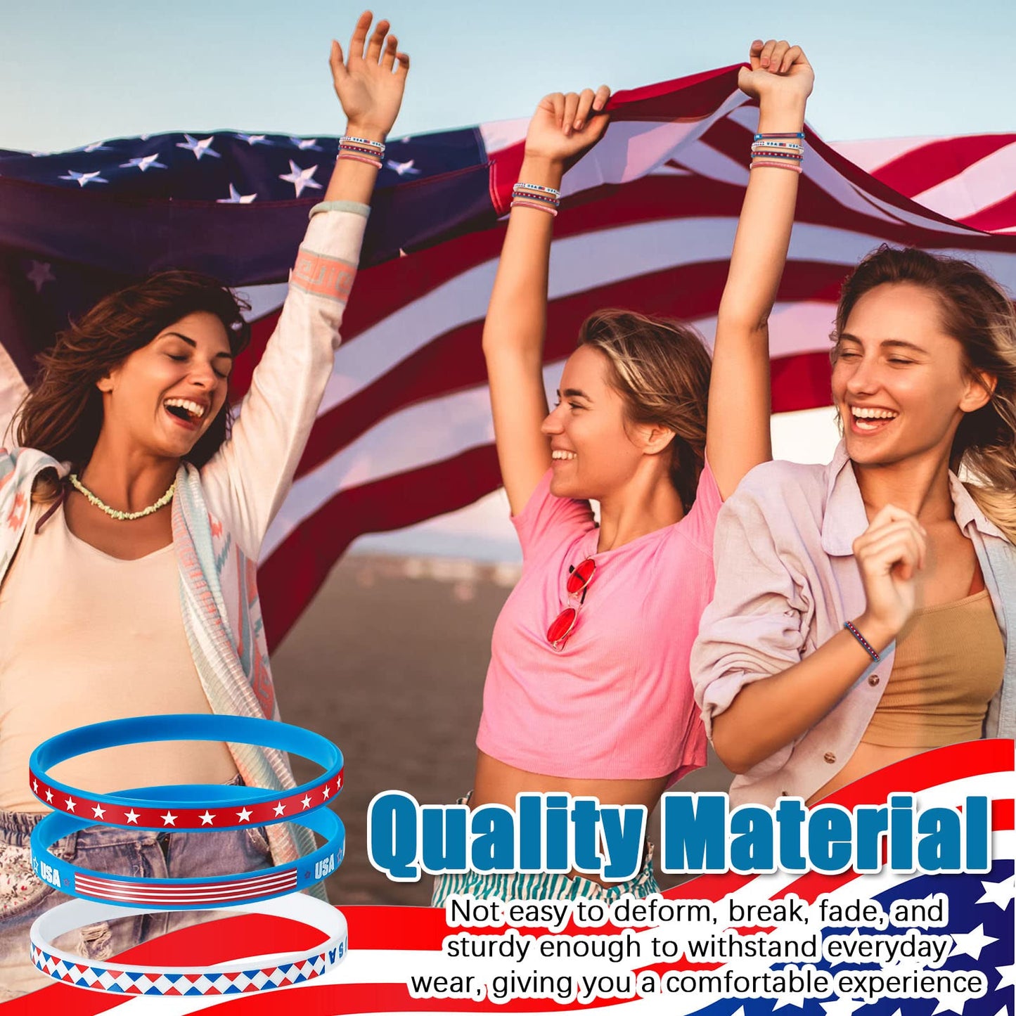 Leitee 100 Pcs USA Silicone Bracelet Red White Blue American Flag Wristbands Veterans Day Memorial Party Accessories Decoration