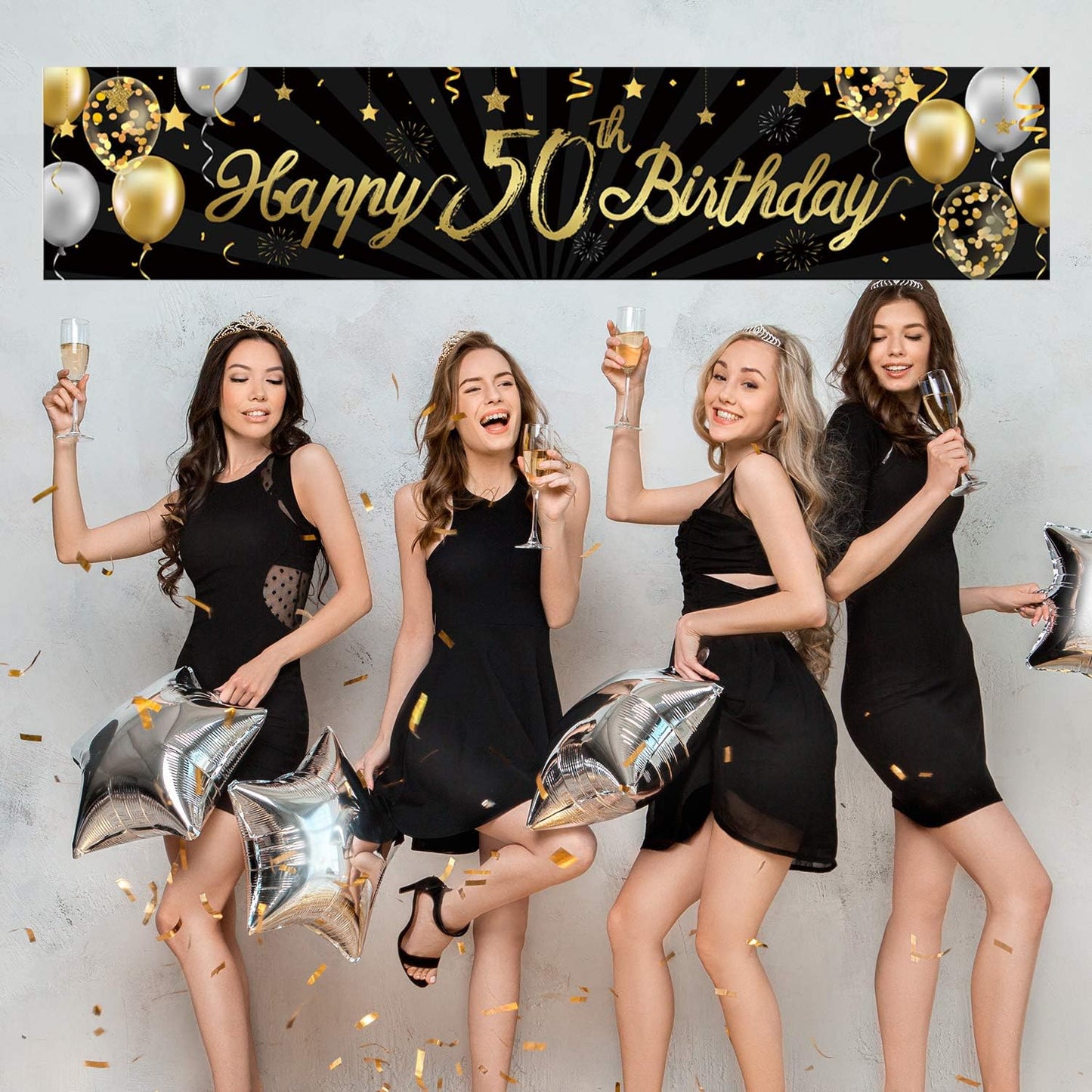Happy 50Th Birthday Banner For Men Women Sign Black Gold Glitter 50 Years Old Birthday Party Decorations Supplies Anniversary Celebration Backdrop