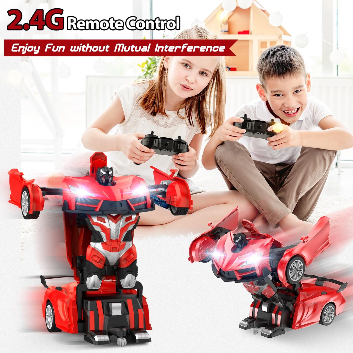 Qumcou Remote Control Car,Transform Robot RC Cars with Cool LED Headlights, 2.4Ghz Toys Car with 360 Degree Rotation and One-But