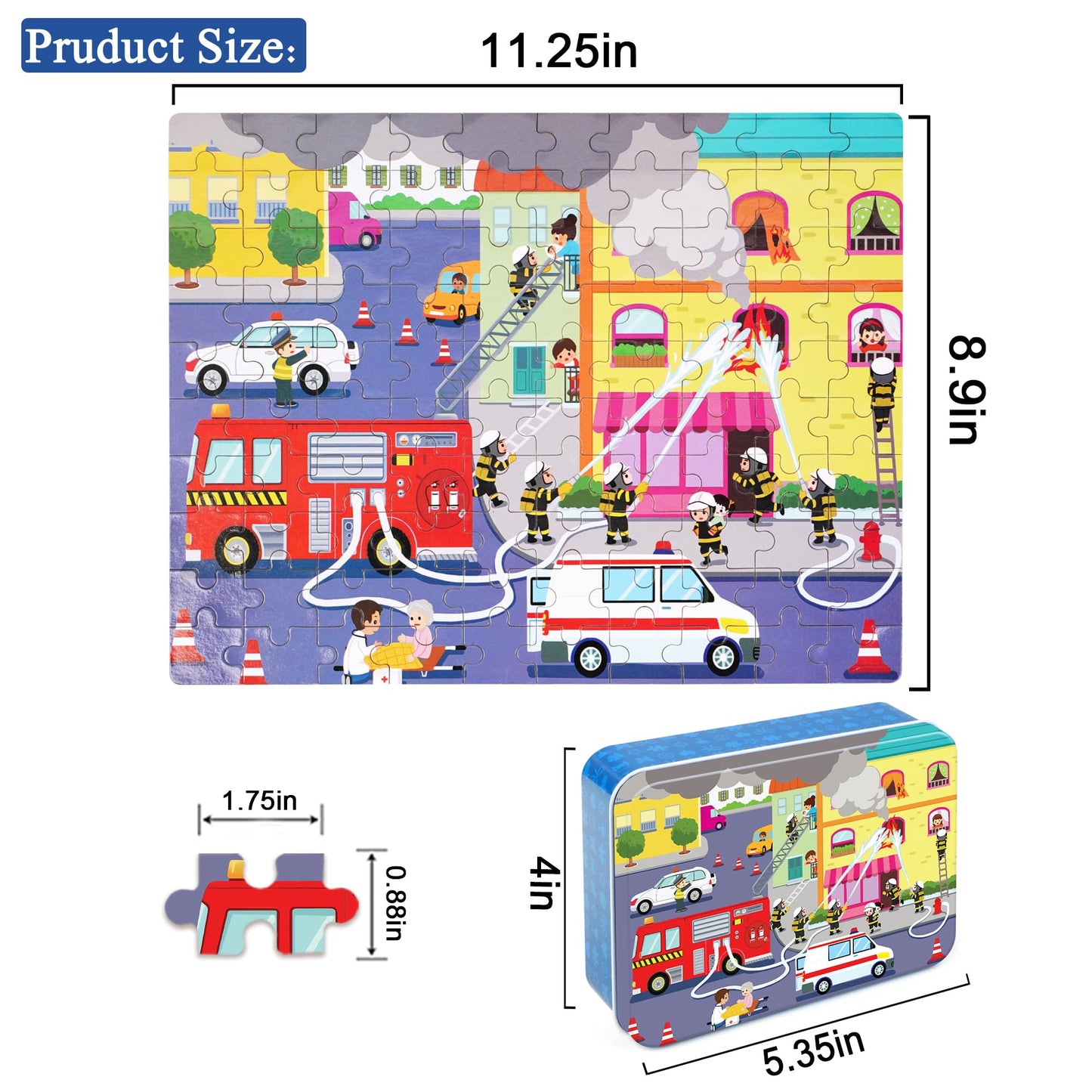 Lelemon 100 Pieces Jigsaw Puzzles In A Metal Box For Kids Age For 4-8 Boys Girls Toy Puzzles Fire Truck Ambulance Police Car Fireman Children Learning Educational Puzzles Toys