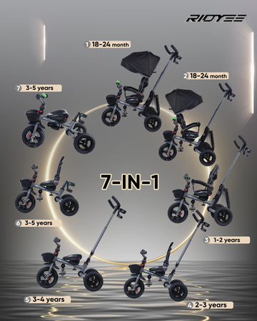 RIDYEE 7-in-1 Toddler Tricycle, Rotatable Seat, All-Terrain Rubber Tires, Grey, for Ages 18 Months to 5 Years