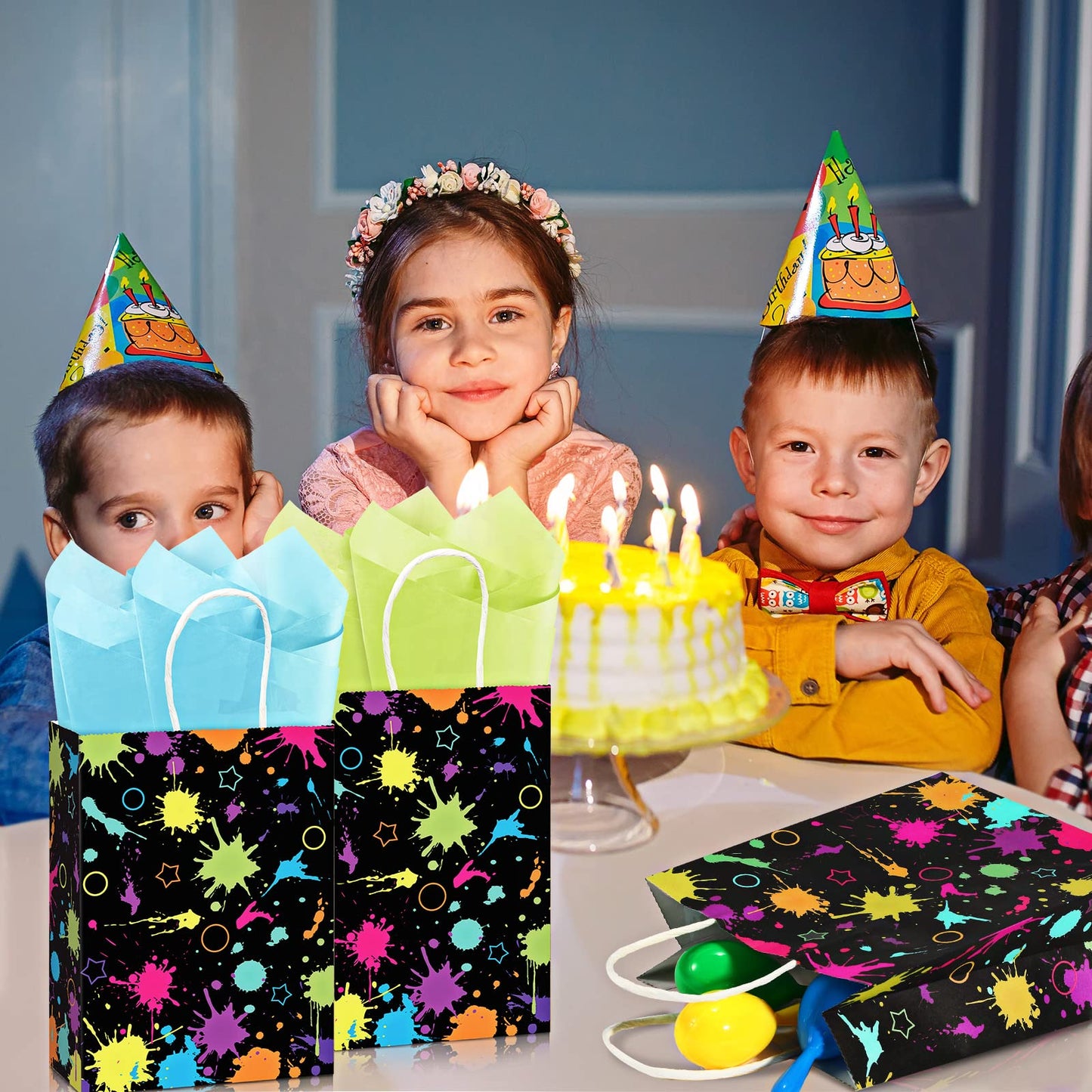 30 Pcs Glow Party Bags With Tissue Paper Neon Party Gift Bags Neon Birthday Party Supplies Glow In The Dark Favor Bags Neon Glow