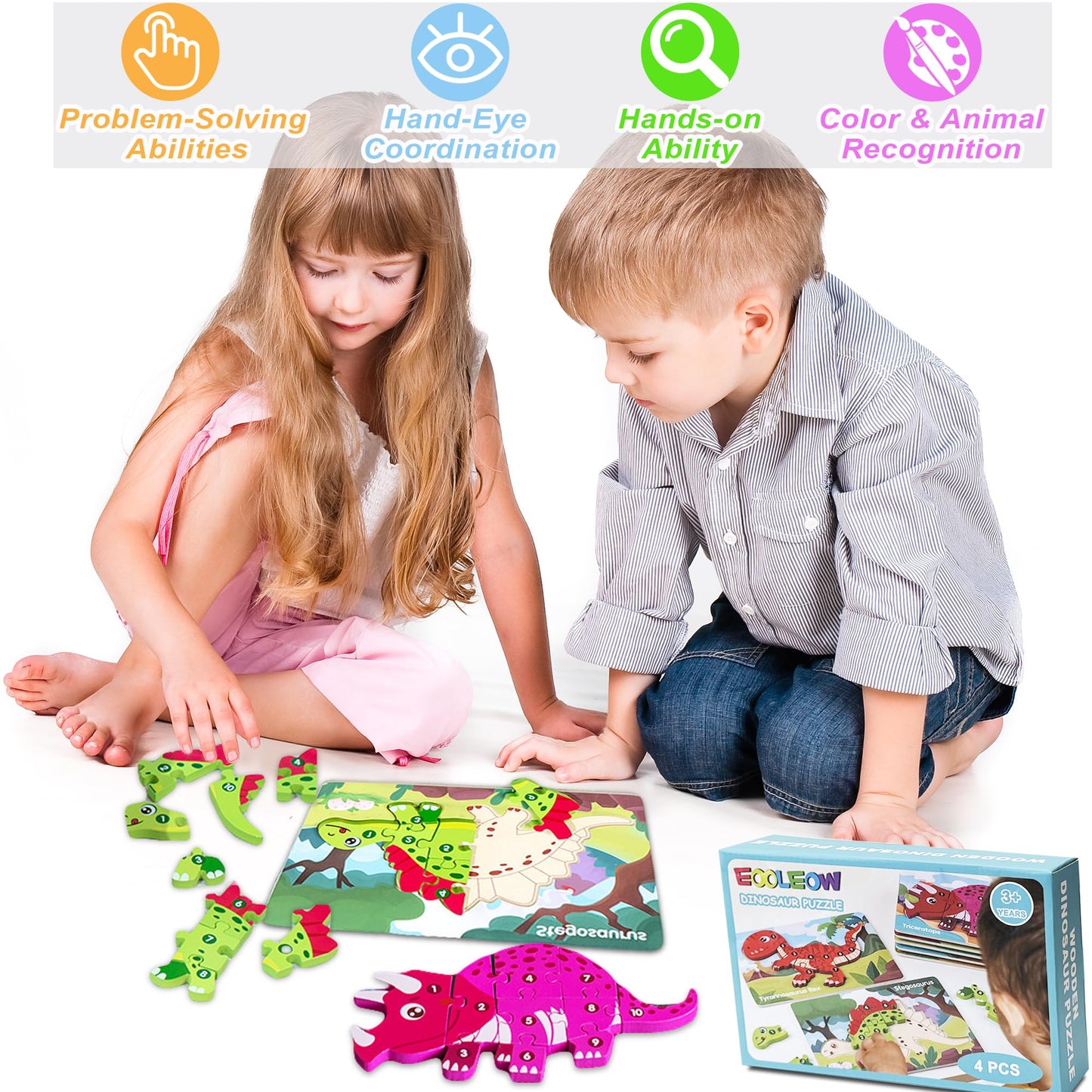 Eooleow Puzzles For Kids Ages 4-6, 4 Packs Wooden Puzzles For Toddlers 1-3, Dinosaur Toys Puzzles For Toddlers 2-4, Toddler Puzz