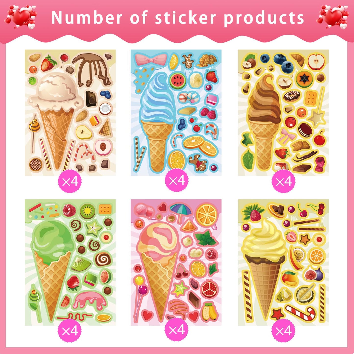 24 Sheets Ice Cream Stickers, Make-A-Face Stickers For Kids Toddlers, Make Your Own Mix And Match Stickers, Diy Summer Ice Cream