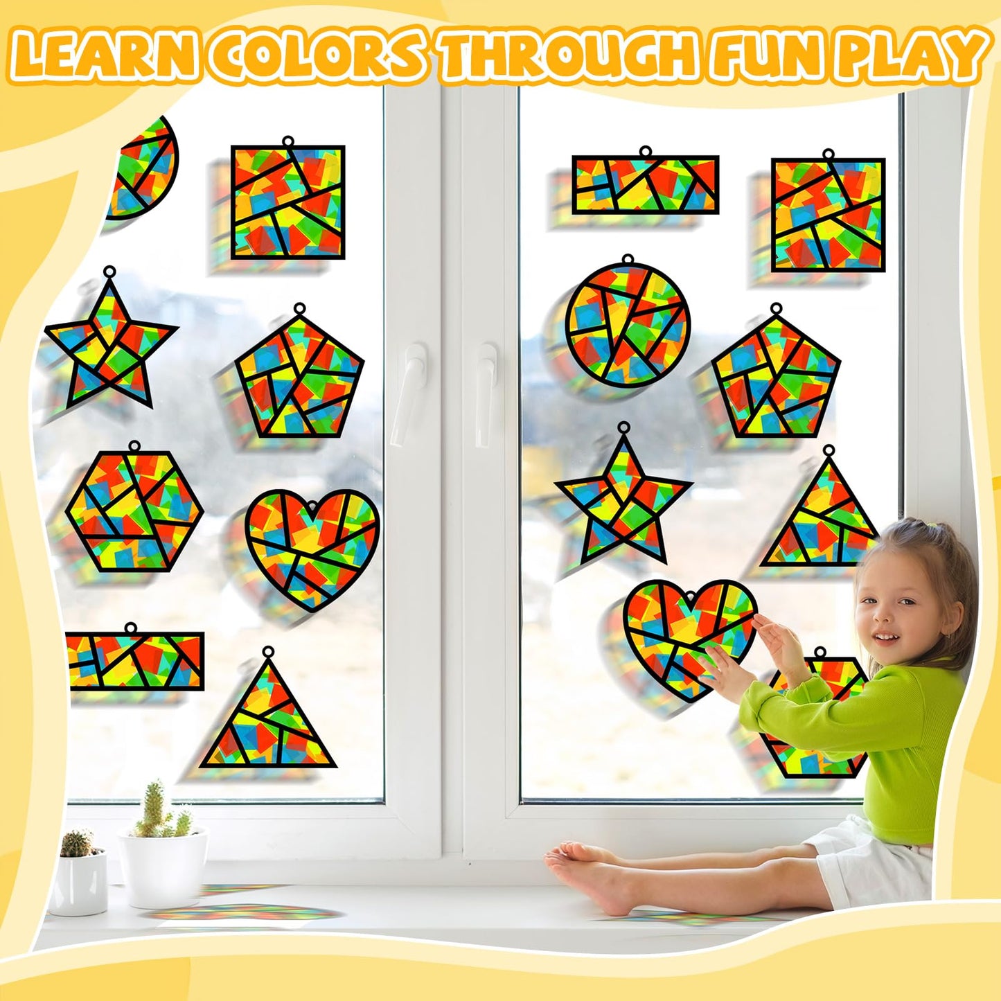 QOUBAI 32 Sets Back to School Geometric Recognition Suncatchers Craft DIY Window Stained Glass Effect Star Paper Crafts Home Sch