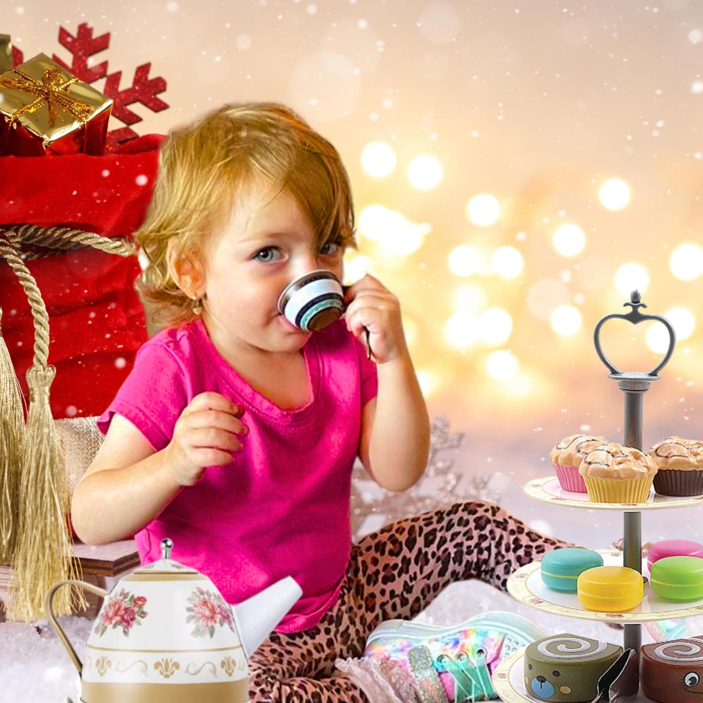 Tea Party Set for Little Girls Pretend Play for Toddlers Princess Tea Time, 39 Pcs Kids Tin Tea Set Cups, Teapot, Plastic Cakes