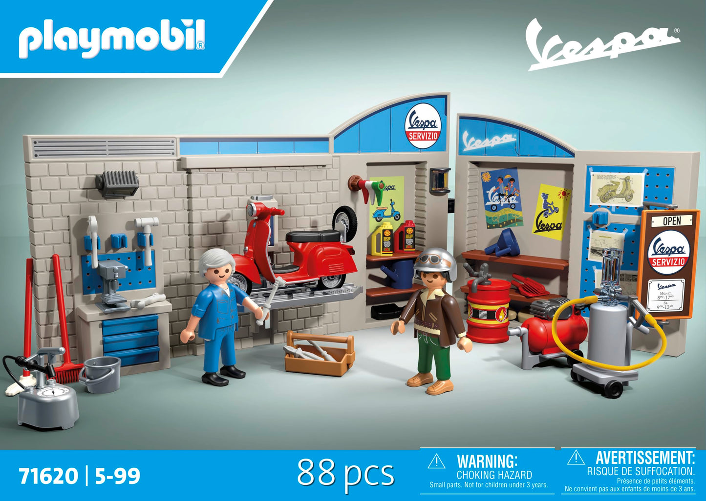 Playmobil 71620 Garage Vespa 60S - Includes Two Characters, Vespa, 2-Part Garage Wall, Mobile Lift Platform And Accessories - Fr