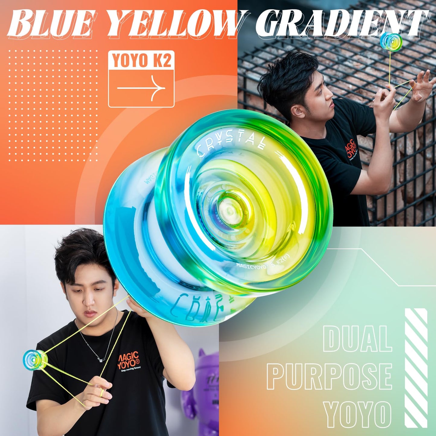 Magicyoyo Crystal Yoyo K2 Pack Of 3, Professional Responsive Yoyo For Kids Beginner, Dual Purpose Yoyos Replacement Unresponsive Bearing For Adults/Advanced+18 Strings+Remover Tool (Crystal Gradient)