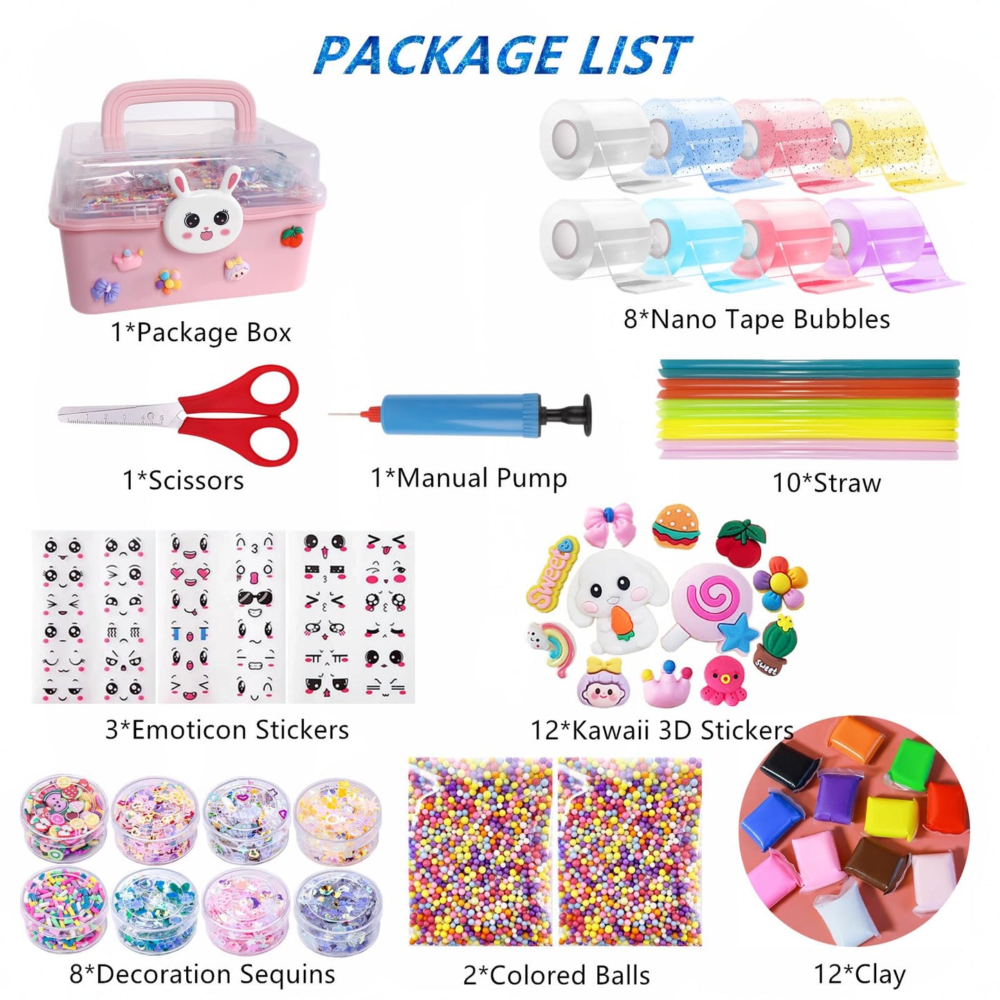 8 Pcs Colorful Nano Tape Bubble Kit For Kids With Glitter,Clay,Cute Stickers And Accessories Tools,Nano Double Sided Adhesive Gel Grip Traceless Tape