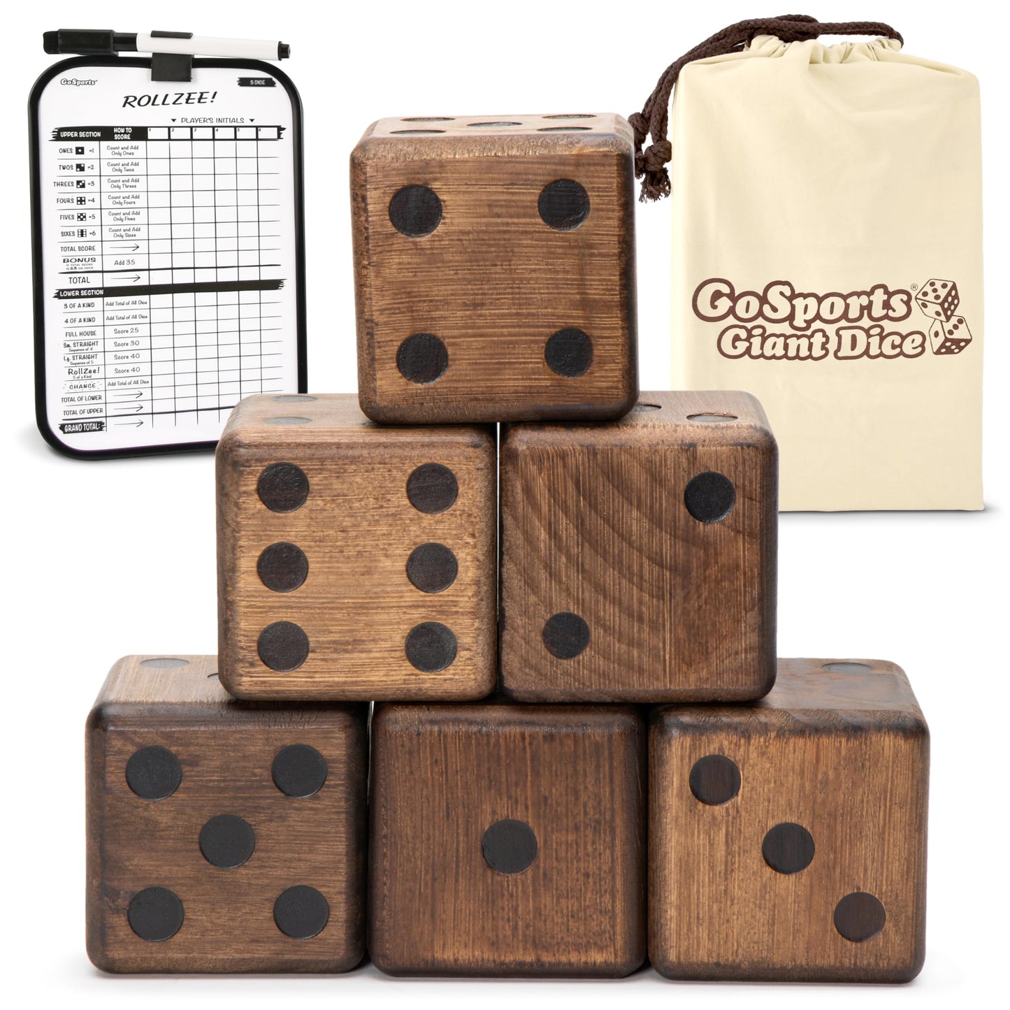 Gosports Giant Wooden Playing Dice Set With Rollzee And Farkle Scoreboard - Includes 6 Dice, Dry-Erase Scoreboard And Canvas Tote Bag - Choose 2.5 Inch Or 3.5 Inch Dice