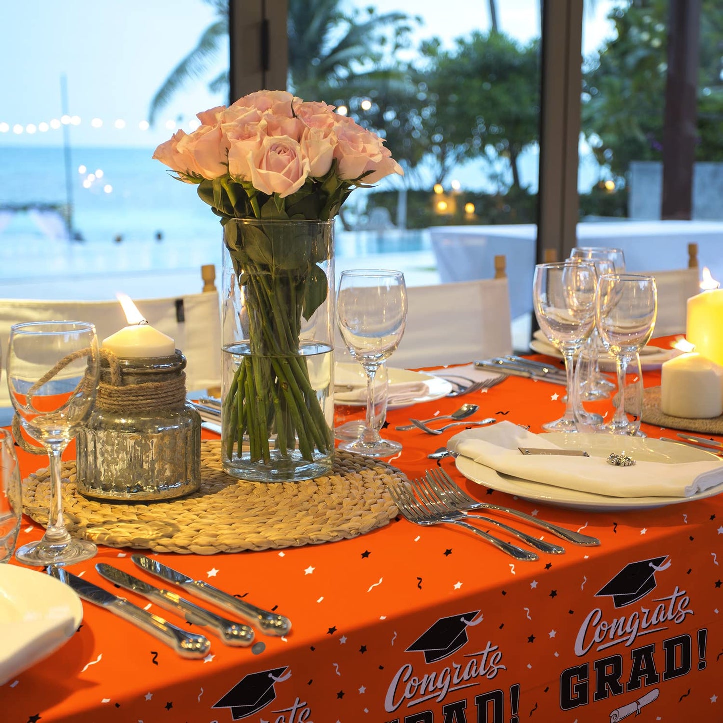 Graduation Party Decorations, Gongrats Grad Tablecover For Graduation Party Supplies, 3 Pcs Orange Table Cloths, 54''X108''